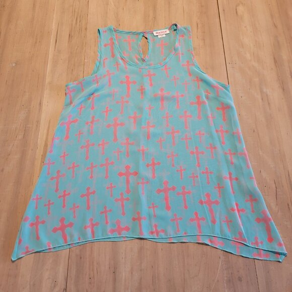 Reina‎ Made in USA Flowing Sheer Shiffon Top Size M Crosses Cross - Picture 8 of 8
